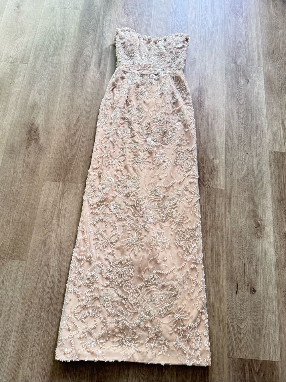helsi tan cream 3d floral beaded sequin embellished strapless maxi gown dress XS
